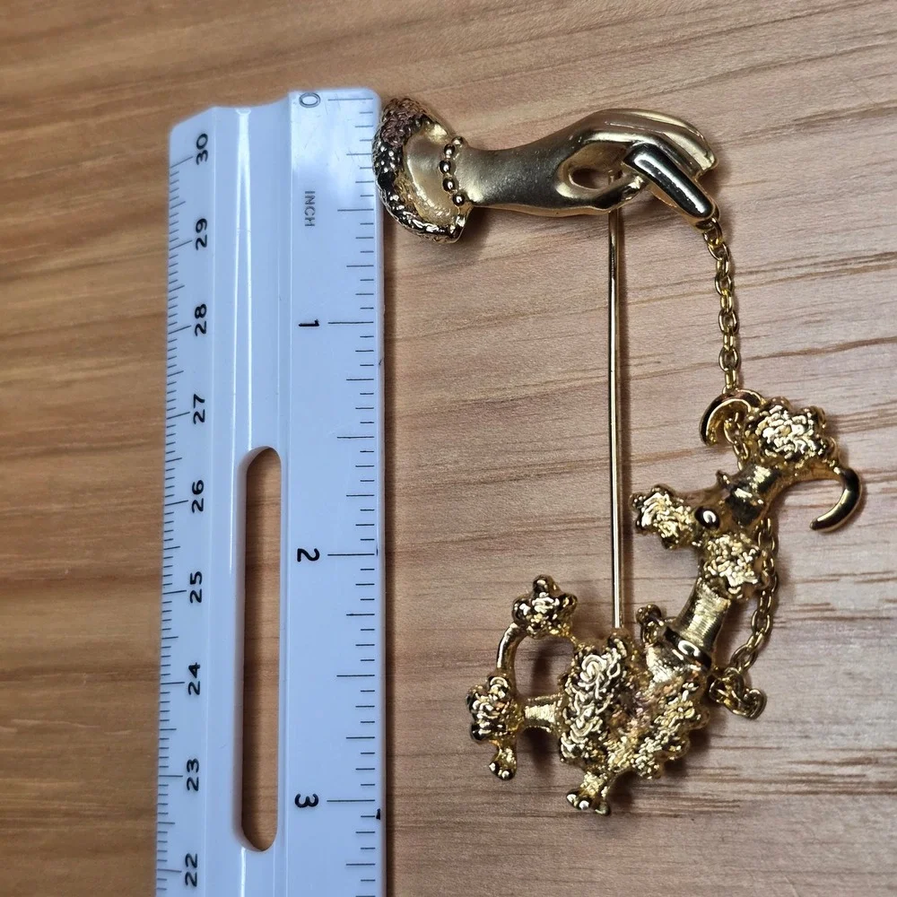 Vintage AJC Brooch Pin Hand Poodle Leash Chain Fi-Fi Walk the Dog Dinner Jewelry